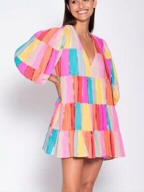 Sundress Salvador Rainbow Sequin Tier Mini Dress Boho Resort Revolve NWOT L/XL
